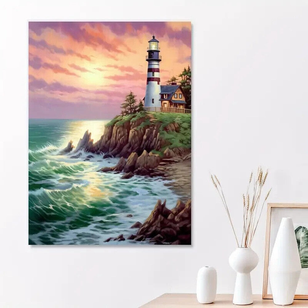 Lighthouse Overlooking The Ocean In The Sunset Canvas Print Framed 12" x 16" Home & Garden:Home Décor:Posters & Prints Style Your Walls